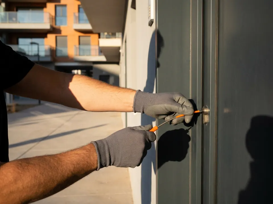 Manos con guantes abriendo una puerta de entrada con una herramienta flexible