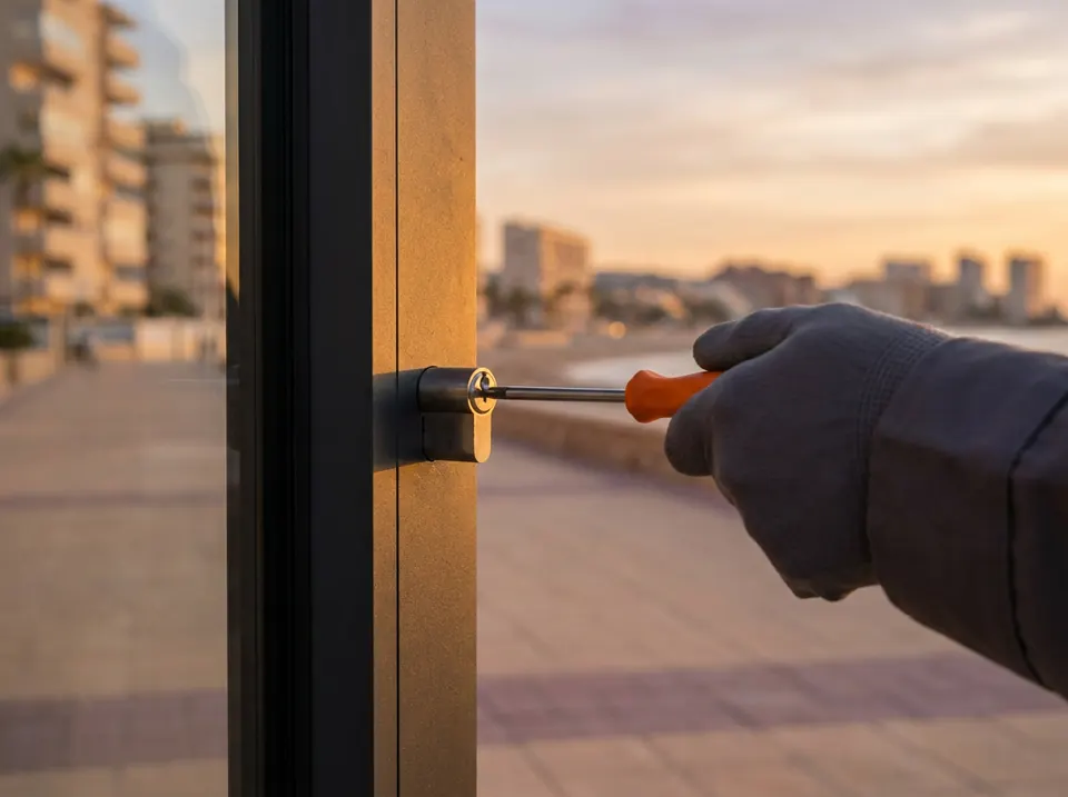 Montaje de un bombín de seguridad nuevo en una puerta gris