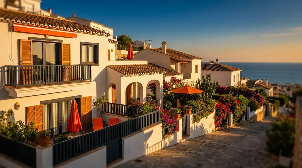 Urbanización de casas bajas con jardín cerca del mar