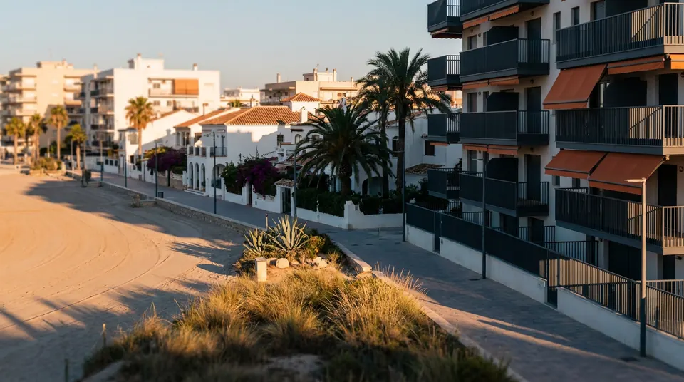 Playa ancha de arena con edificios de apartamentos a lo largo del paseo