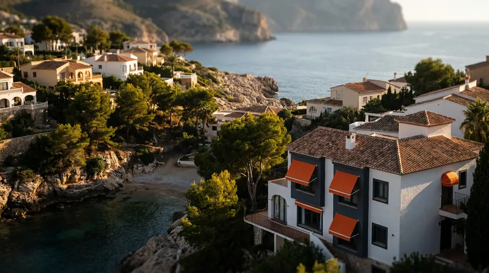 Villas y casas bajas junto a una costa rocosa con calas y pinos