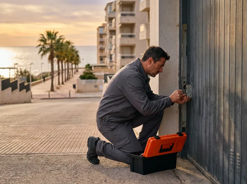 Cerrajero reparando la cerradura de una puerta de garaje en una urbanización